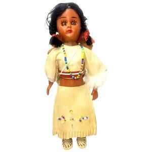 8" Vintage Native American Doll with Twins Fur & Beads, Leather Clothes & Shoes
